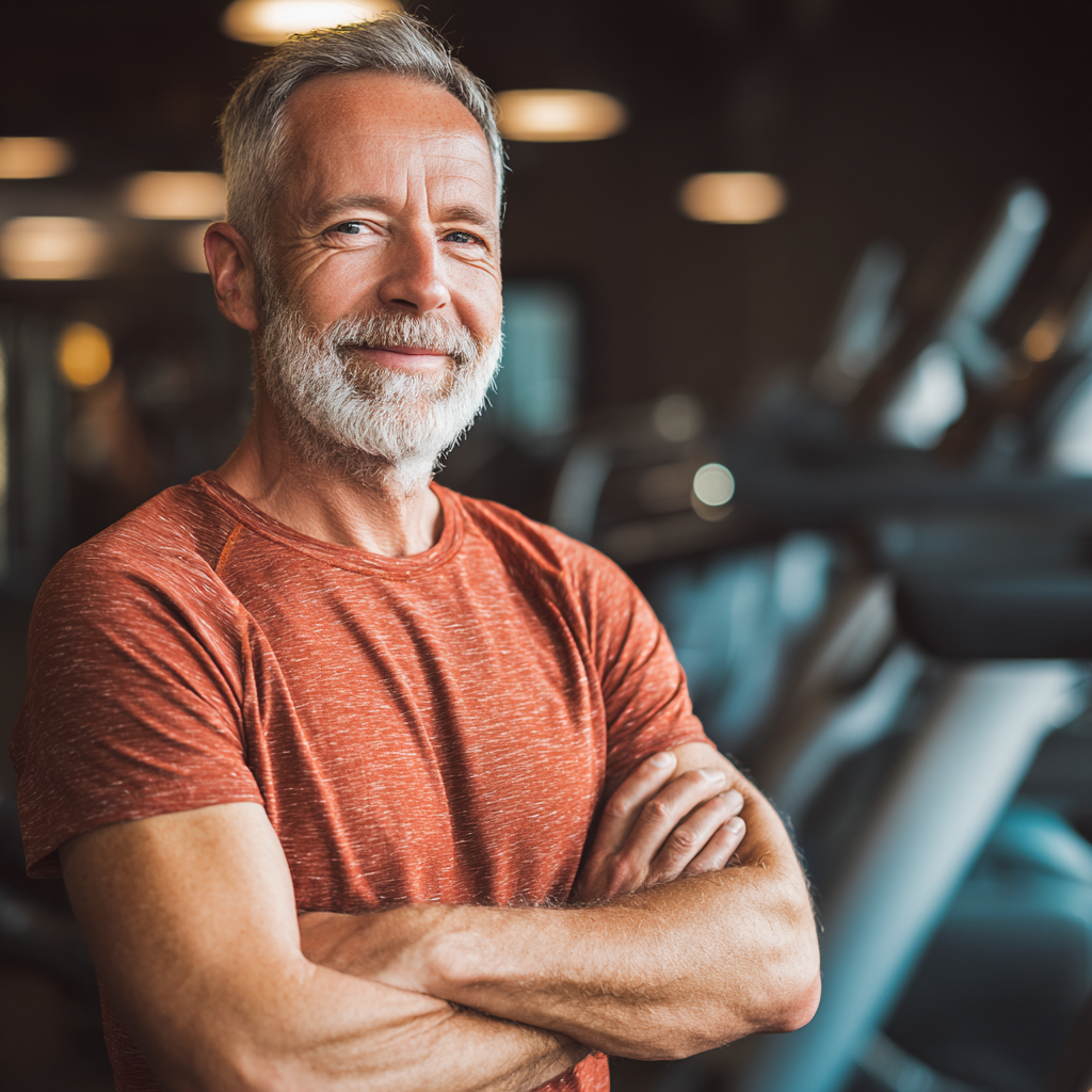 Confident mature man showing fitness progress results