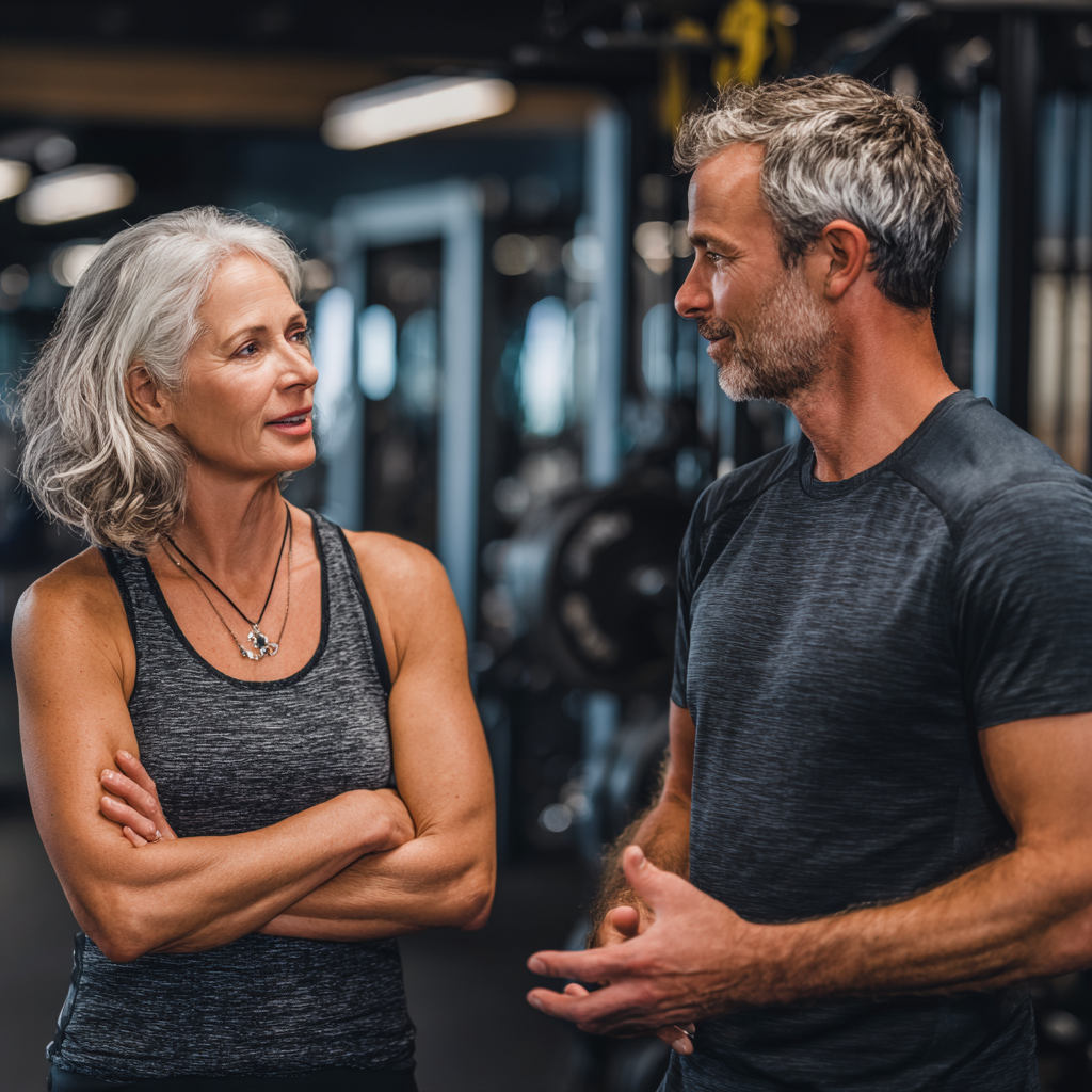 Middle aged woman discussing fitness goals with professional trainer